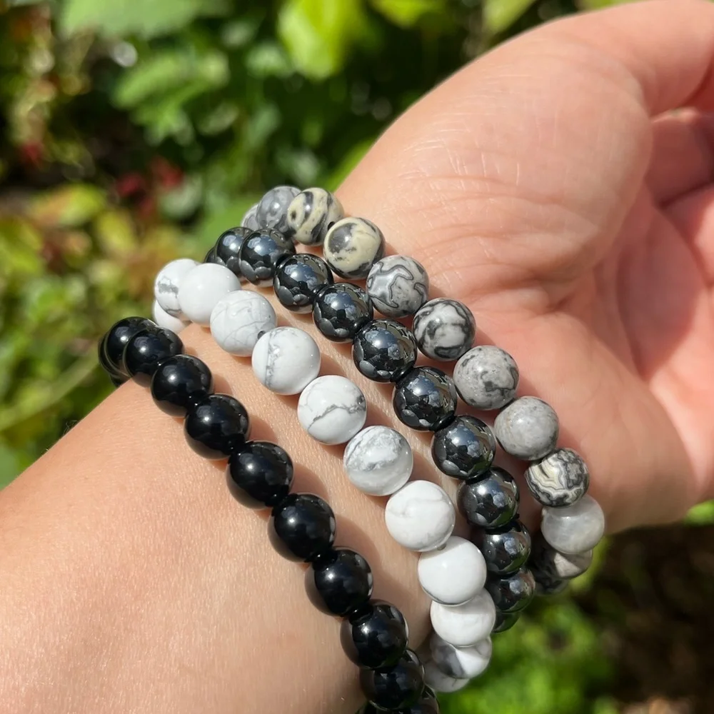 8mm stretchable black white‎ crystal bracelet set